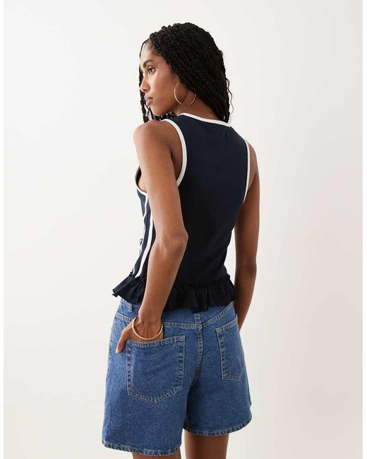 Miss Selfridge Blue V-neck Varsity Tank With Frill Hem