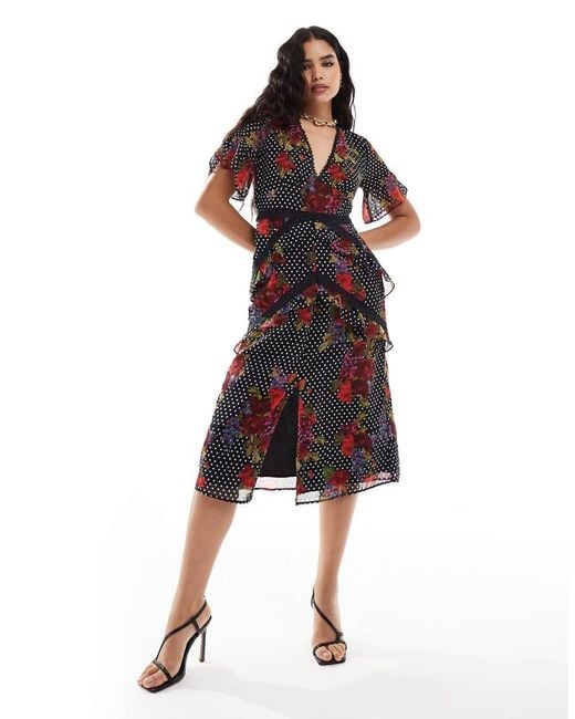 Hope & Ivy Multicolor Ruffle Hem Midi Dress With Lace Trims