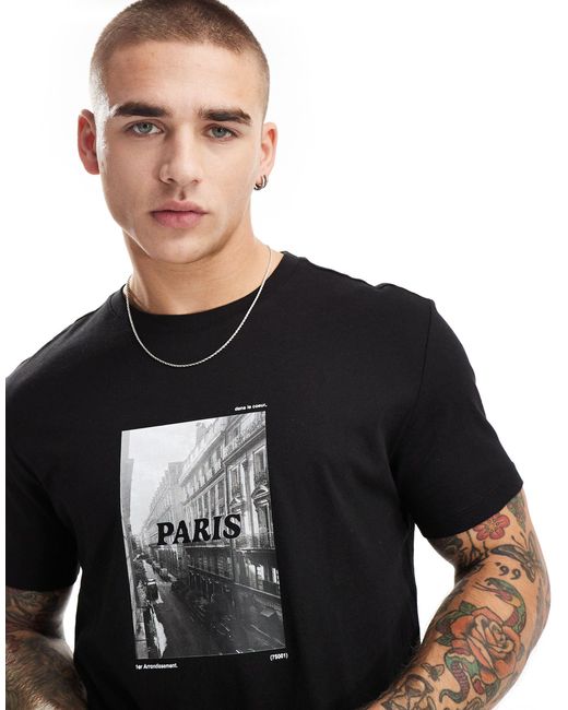 Bershka Black Paris Front Printed T-shirt for men
