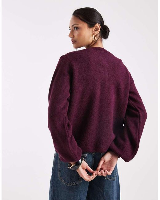 ASOS Purple Fluffy Knitted Cardigan With Blouson Sleeve Detail