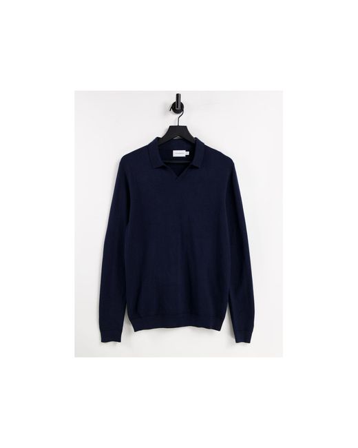 Topman Blue Long Sleeve Open Collar Knitted Polo for men