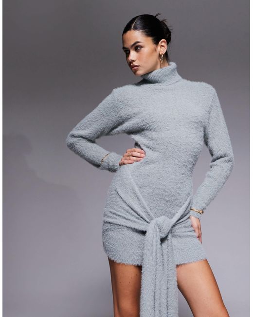 Aria Cove Gray Fluffy Knit Turtle Neck Knot Front Drape Detail Mini Dress