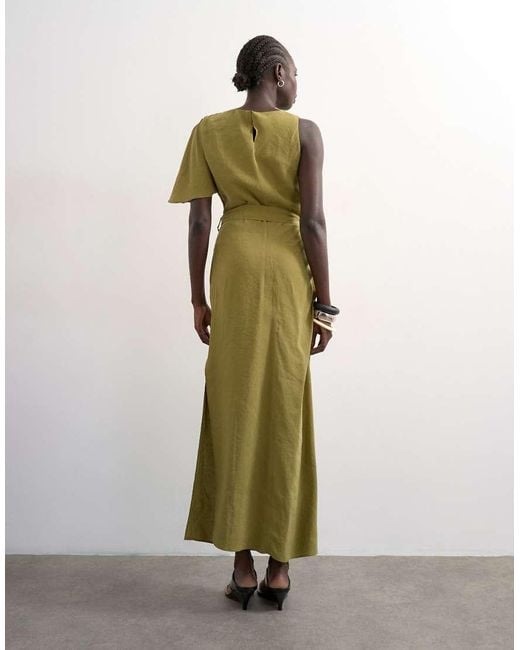 TOPSHOP Green Asymmetric Sleeve Tie Waist Cupro Maxi Dress