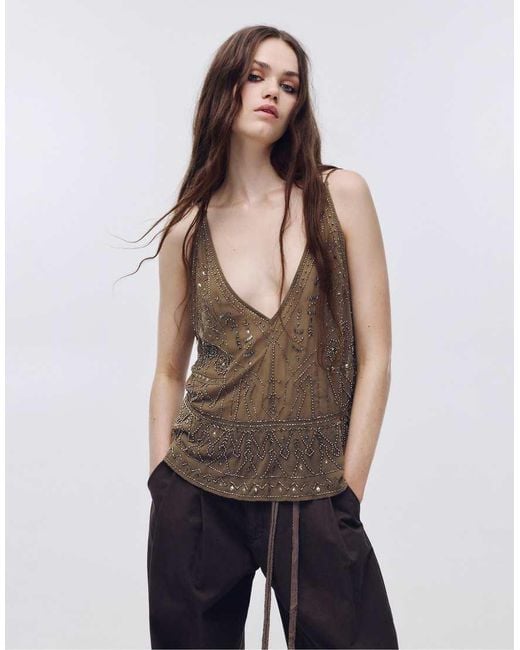 Pull&Bear Brown Beaded Strappy Top