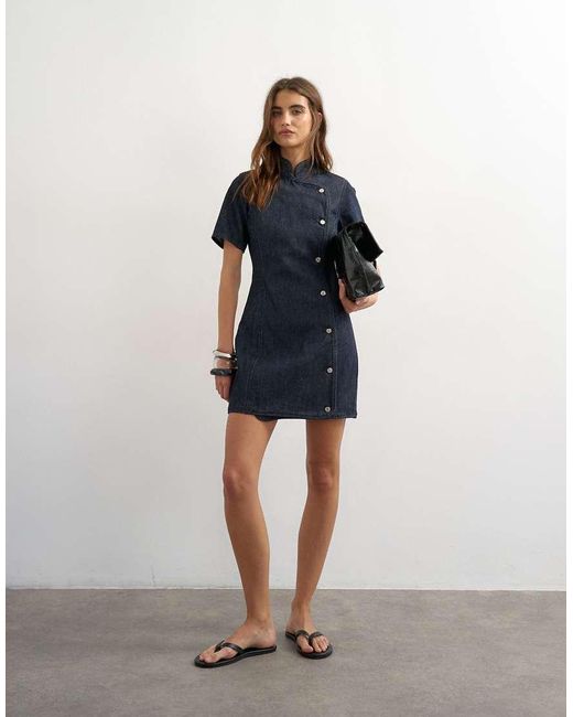 TOPSHOP Blue Denim Mandarin Collared Mini Dress