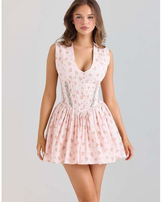 House Of Cb Pink Carmel Stretch Cotton Floral Print Mini Dress
