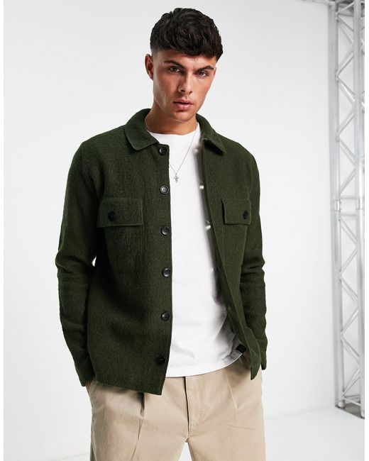 SELECTED Green Boiled Wool Overshirt for men