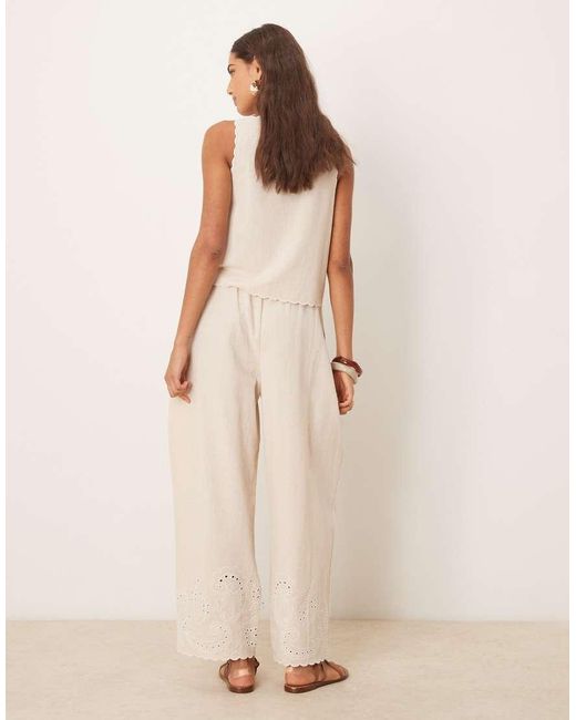 ASOS Natural Linen Blend Scalloped Edge Embroidered Wide Leg Pants