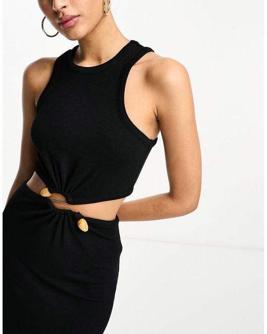 ASOS Ribbed Midi Dress With Cut Out And Stone Trim in Black Lyst UK