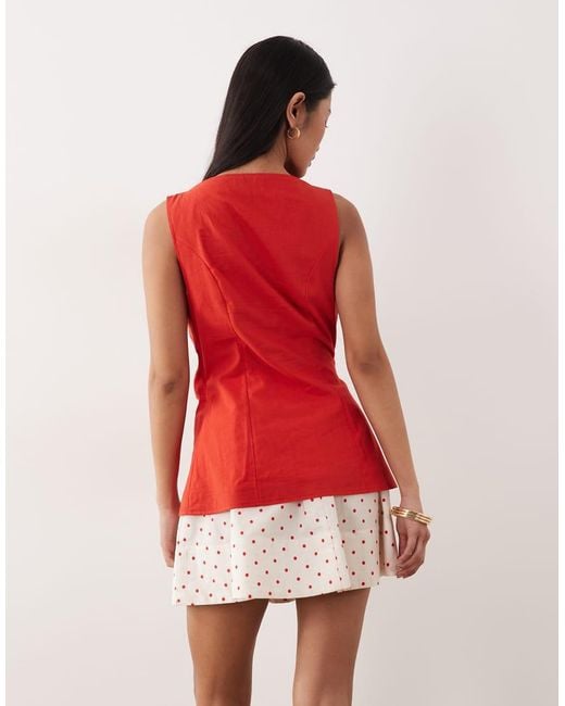 ASOS Red Linen Look Waistcoat Mini Dress With Poplin Skirt