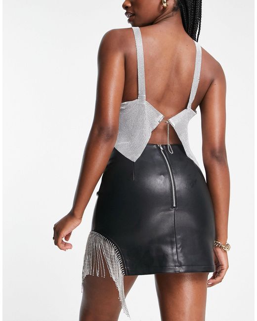 Miss Selfridge Black Faux Leather Diamante Fringe Cut Out Mini Skirt