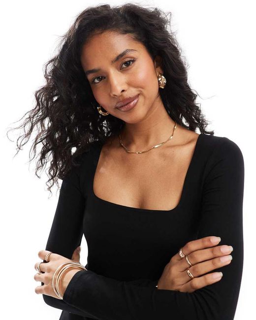 Miss Selfridge Black Long Sleeve Square Neck Fit And Flare Mini Dress