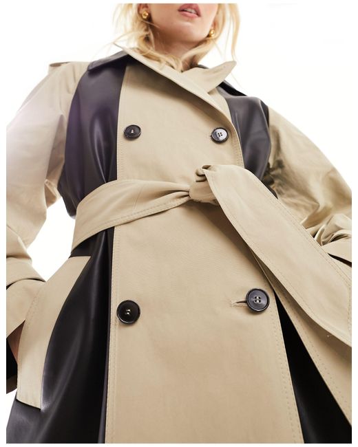 Asos design tall - trench-coat imitation cuir effet coupé-cousu - taupe et noir ASOS en coloris White