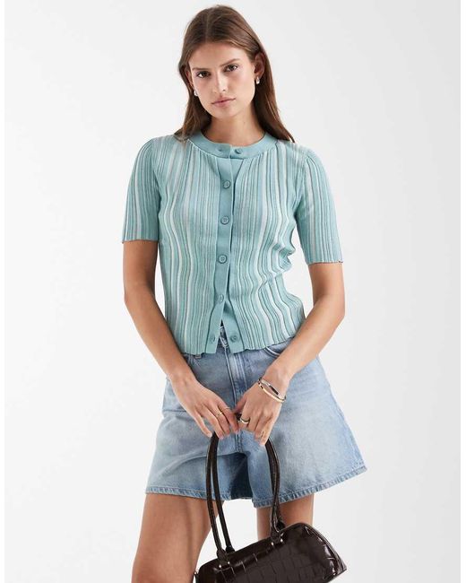 & Other Stories Blue Knitted Ribbed Short Sleeve Cardigan