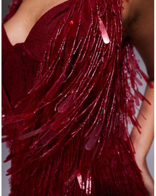 ASOS Red Fringe Embellished Cowl Neck Maxi Dress With Lace Bralette Underlay