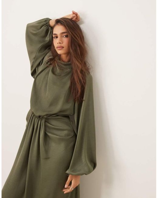 ASOS Green Draped Blouson Sleeve Satin Maxi Dress