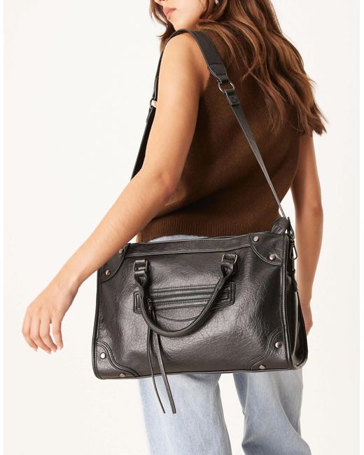 Gina Tricot Brown Studded Large Top Handle Tote Bag With Cross Body Strap