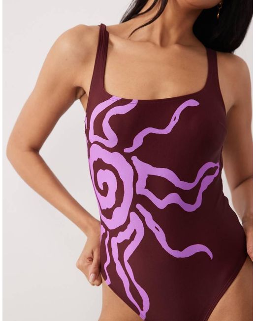 ASOS Purple Celestie Square Neck Low Back Swimsuit With Pink Sun Motif