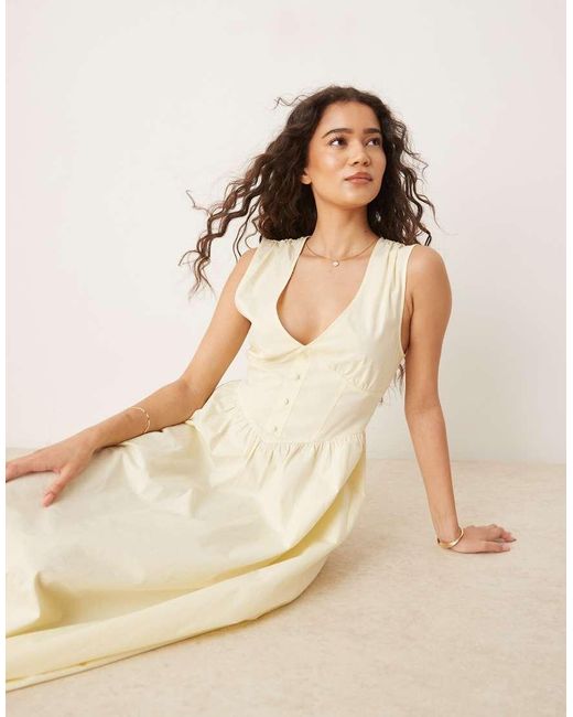 ASOS Natural V Neck Waisted Button Down Midi Dress