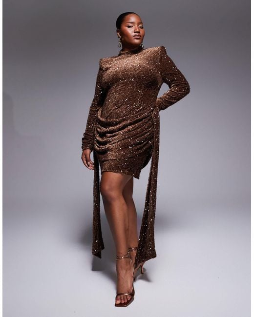 ASOS Brown Curve Velvet Sequin Drape Side Mini Dress