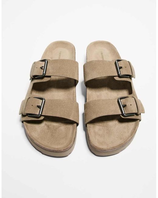 Bershka White Buckled Flat Slider Sandals for men