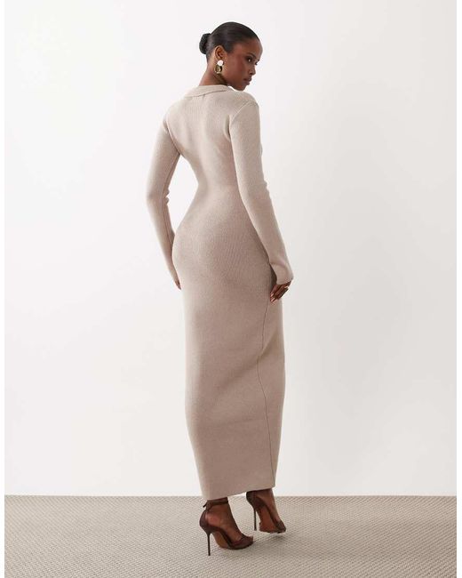 4th & Reckless Natural Ribbed Knit Button Detail Collared Long Sleeve Maxi Dress