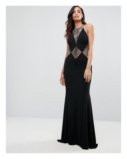 Jovani Fishtail Maxi Dress With Cut Out Lace Detail in Black | Lyst Canada