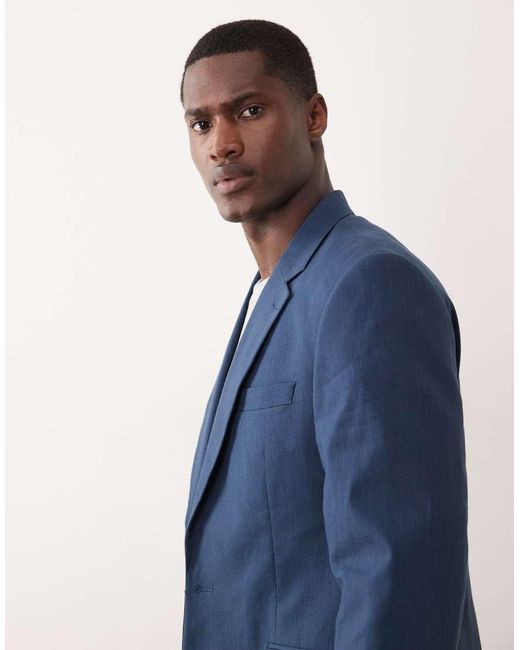 ASOS Blue 100% Cotton Linen Look Slim Suit Jacket for men