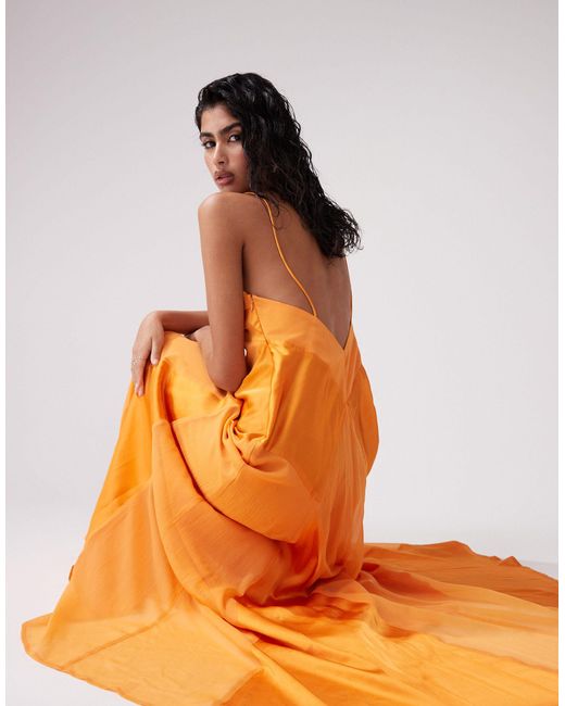 ASOS Orange Satin Cami Maxi Dress With Sheer Panel Details