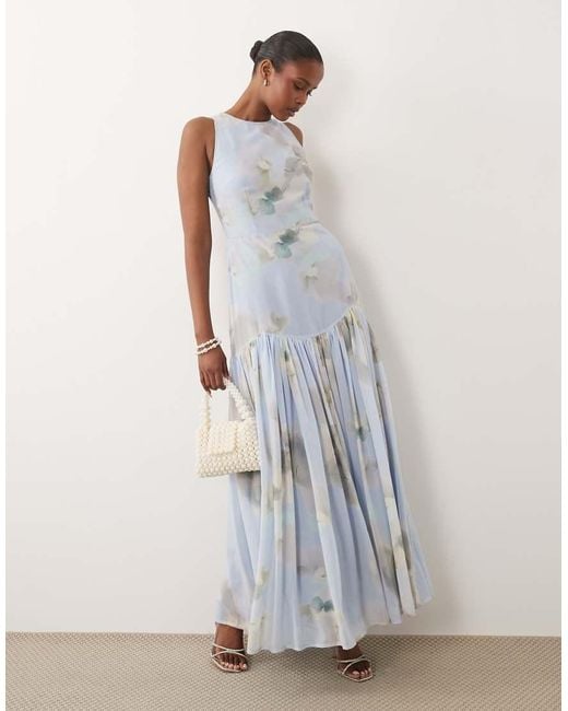 LACE & BEADS White Chiffon Sleeveless Drop Waist Full Skirt Maxi Dress