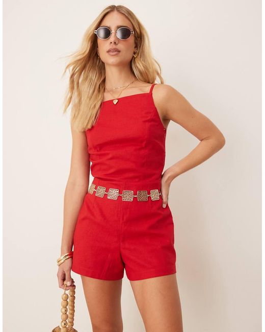 Abercrombie & Fitch Red Jumpsuit Apron Neck Linen Romper