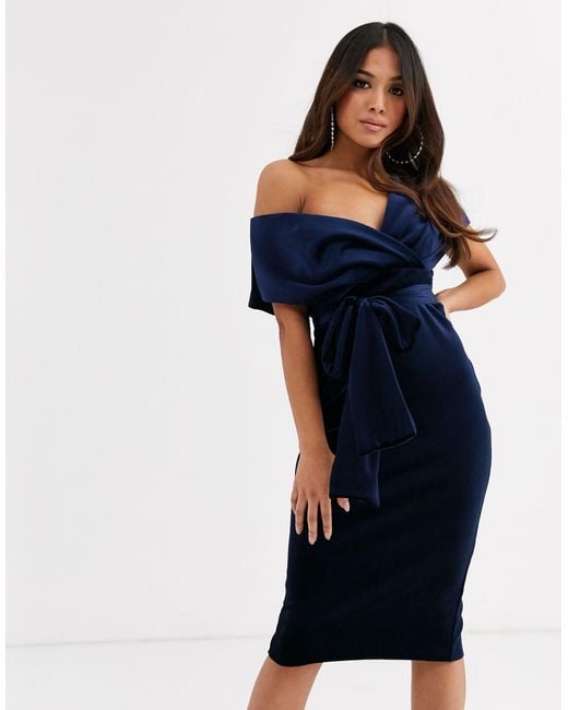 fallen shoulder midi pencil dress