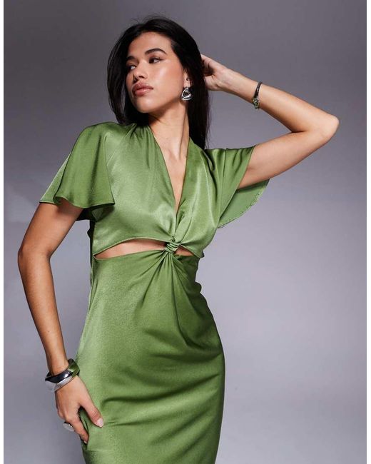 ASOS Green Satin Knot Detail Cutout Midaxi Dress