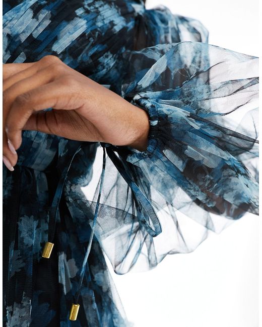 LACE & BEADS Blue Sheer Sleeve Tulle Mini Dress