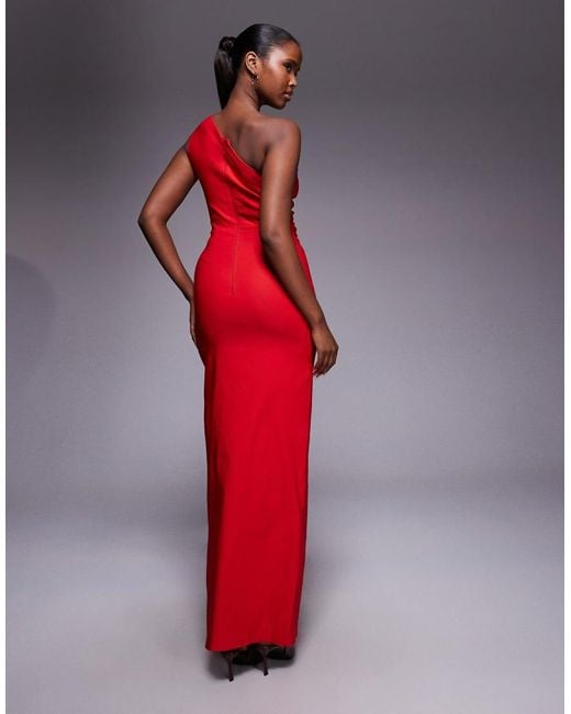 Vesper Red Bengaline Cut Out Front Detail Thigh Split Maxi Dress In