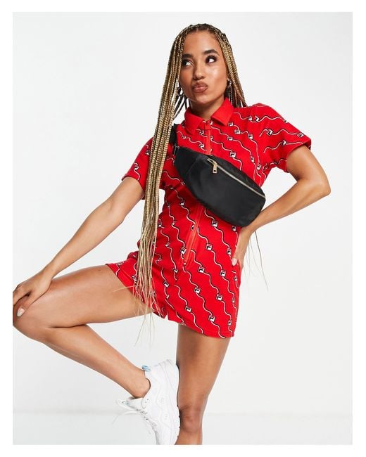 Fila All Over Logo Zip Front Romper in Red Lyst