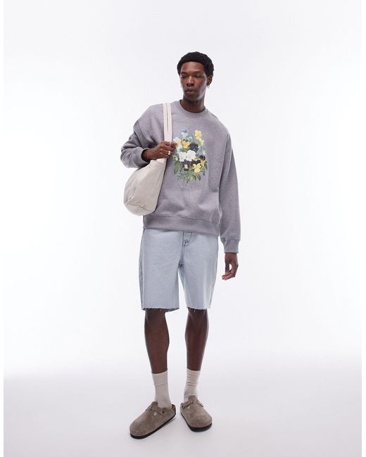 Topman Gray Oversized Fit Sweatshirt With Flowers Embroidery Print for men