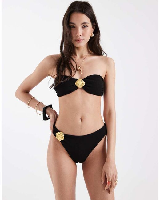 4th & Reckless Black Crinkle Shell Hardware High Leg Brazillian Bikini Bottom Co-Ord
