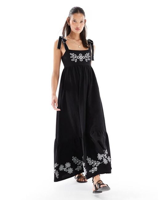 Miss Selfridge Black Embroidered Tie Shoulder Maxi Dress