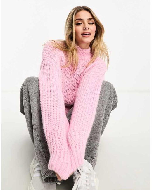 Monki Pink High Neck Chunky Rib Knitted Jumper With Volume Sleeve