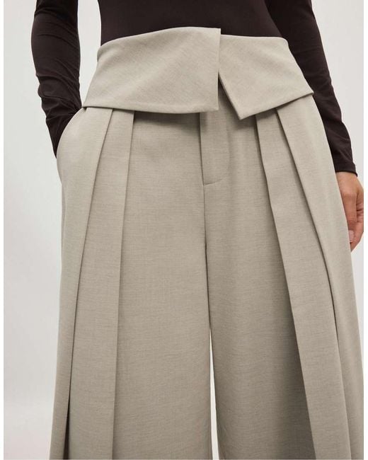 Stradivarius Natural Wide-leg Trousers With Turned-up Waistband