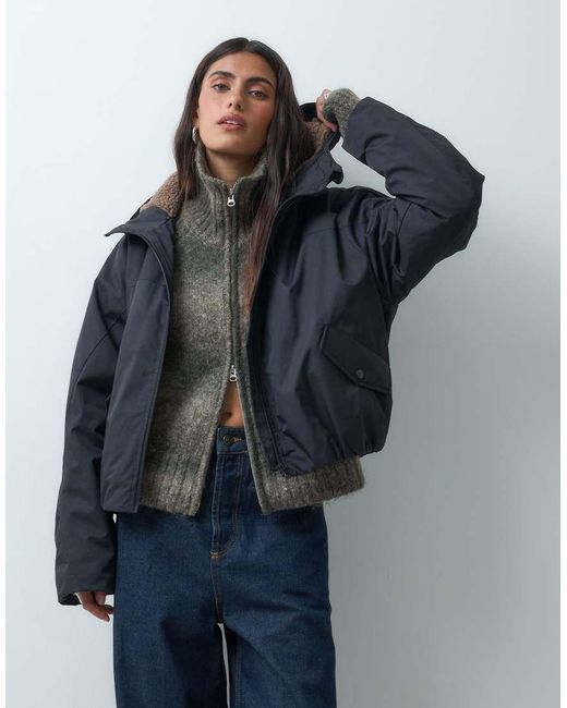 ASOS Blue Short Hooded Rain Coat With Borg Liner