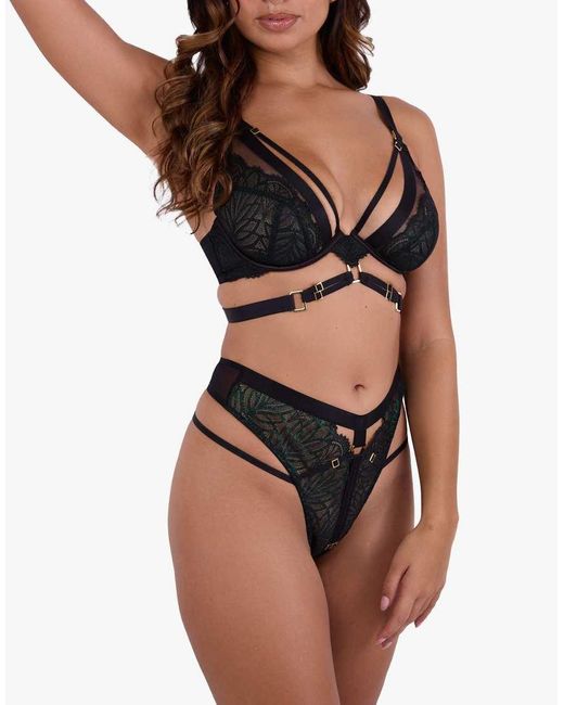 Playful Promises Black Tabitha Wet-Look Lace High Waist Thong