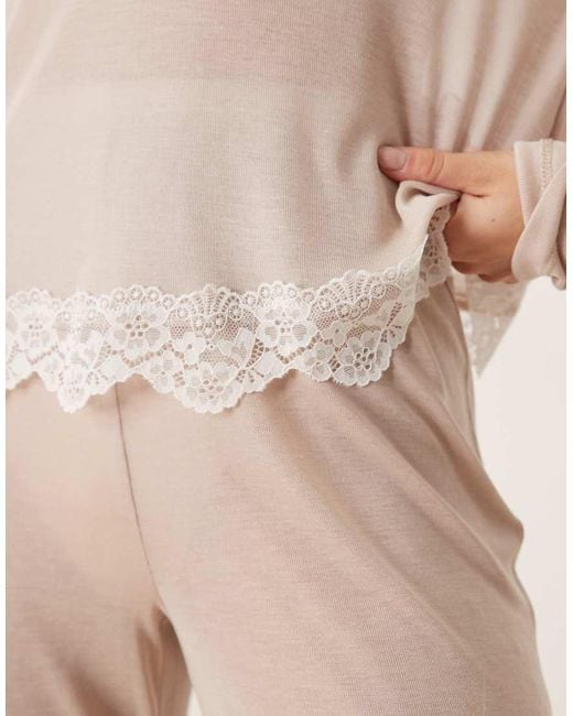 ASOS Natural Honey Mix & Match Sheer Slinky Longsleeve Pyjama Top With Lace Trim