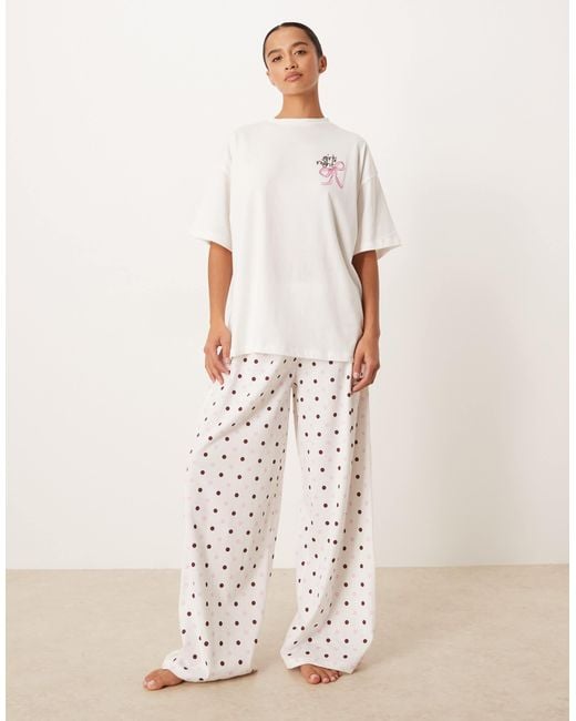 ASOS Natural Asos design petite – pyjama mit oversize-t-shirt mit "girls night"-motivprint und weit geschnittener hose