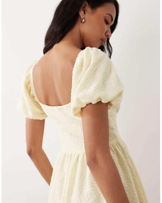 Gina Tricot Natural Puff Short Sleeve Flower Embroidered Mini Dress