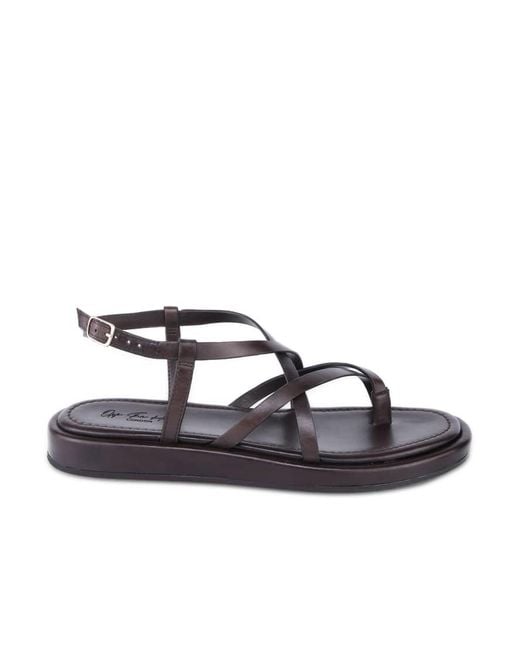 OFF THE HOOK Brown Zen Leather Strappy Toe Loop Sandals With Ankle Strap