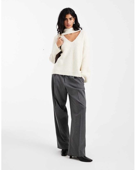 4th & Reckless Natural Wool Feel Scarf Detail V Neck Jumper
