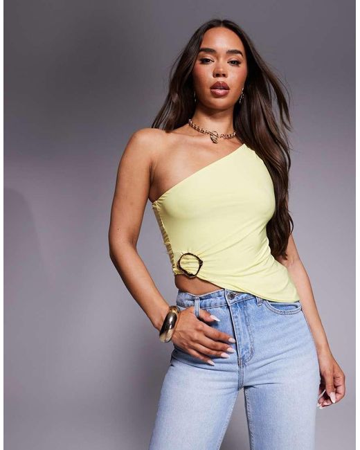 Missy Empire Yellow Double Sculpted Slinky One Shoulder Asymmetric Hem Gold Buckle Top