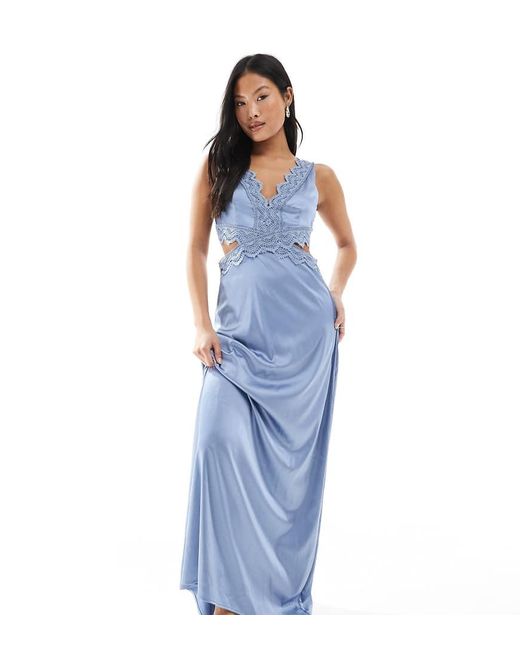 TFNC London Blue Bridesmaid Satin Maxi Dress With Scalloped Lace Detail